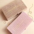 Personalised Large Quilted Velvet Jewellery Boxes in taupe and pink against beige coloured backdrop