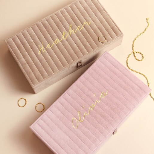 Personalised Large Quilted Velvet Jewellery Boxes Personalised Large Quilted Velvet Jewellery Boxes in taupe and pink against beige coloured backdrop