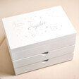 Personalised Celestial White Jewellery Box in Silver Finish on Beige Surface