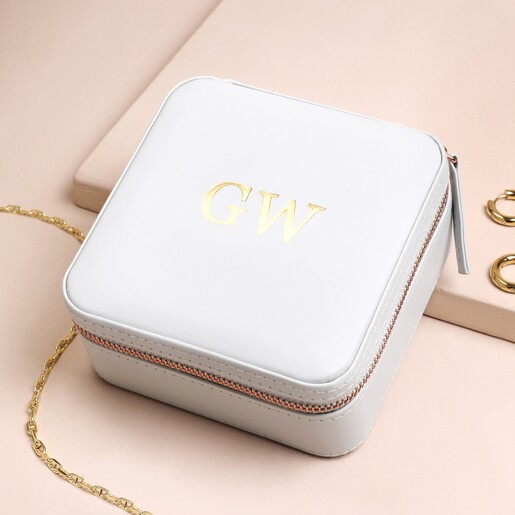 Travel Box in Grey Personalised Square Travel Jewellery Box in Grey