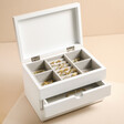 Inside of Personalised White Floral Jewellery Box with Drawers open against pink backdrop