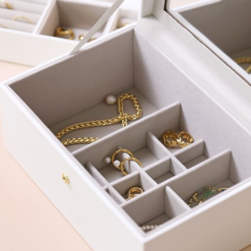 Close Up of Jewellery in Bottom of White Two Tier Jewellery Box