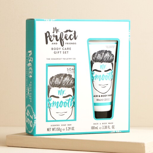 The Somerset Toiletry Co. Mr Smooth Body Care Gift Set standing against beige coloured backdrop