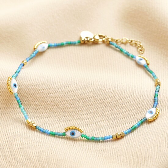 Evil Eye Blue and Green Seed Bead Anklet in Gold