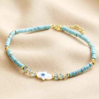 Hamsa Hand Teal Heishi Beaded Anklet in Gold