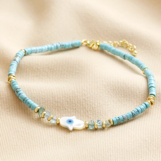 Hamsa Hand Teal Heishi Beaded Anklet in Gold