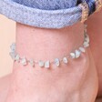 Close up of Stainless Steel Blue Crystal Chip Anklet on model