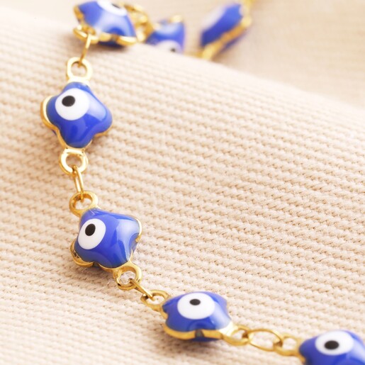 Close Up of Gold Stainless Steel Blue Enamel Evil Eye Charm Anklet