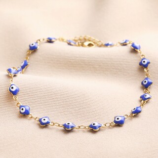 Gold Stainless Steel Blue Enamel Evil Eye Charm Anklet