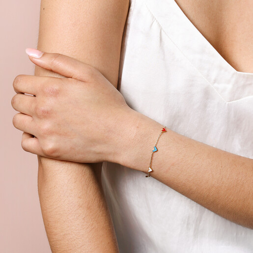 Rainbow Enamel Tiny Heart Charm Bracelet in Gold on Model