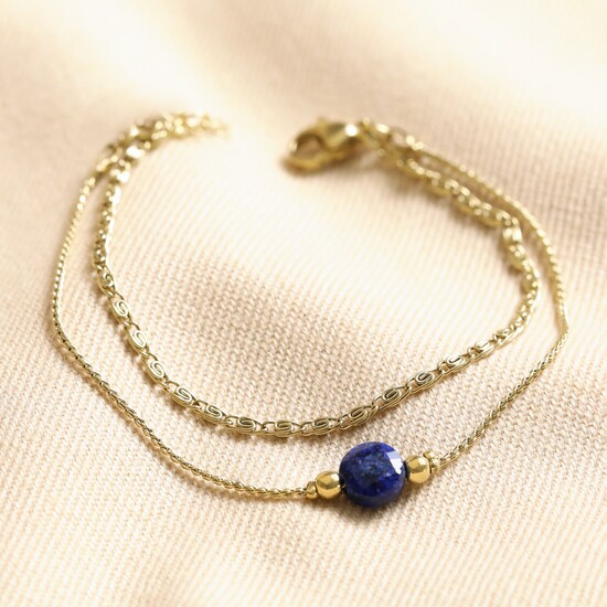 Gold Stainless Steel Blue Stone Double Layered Chain Bracelet