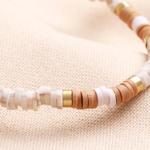 Close up of details on Brown and White Heishi Beaded Bracelet