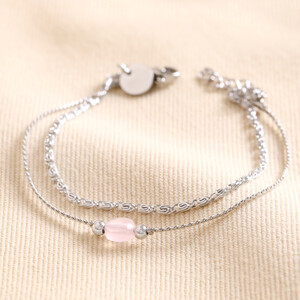 Stainless Steel Pink Stone Double Layered Chain Bracelet	