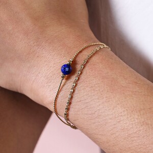 Gold Stainless Steel Blue Stone Double Layered Chain Bracelet