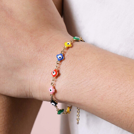 Close up of Gold Stainless Steel Colourful Enamel Evil Eye Charm Bracelet on model