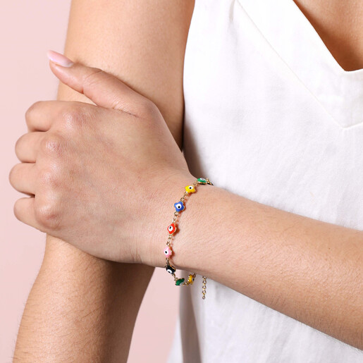 Gold Stainless Steel Colourful Enamel Evil Eye Charm Bracelet on model with hand on arm
