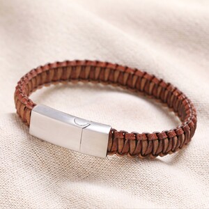 Men's Stainless Steel Thick Braided Leather Bracelet in Brown