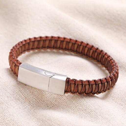 Men's Stainless Steel Thick Braided Leather Bracelet in Brown
