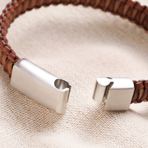 Unclasped Personalised Men's Stainless Steel Thick Braided Leather Bracelet in Brown