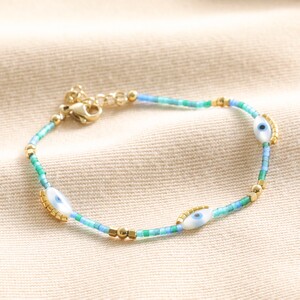 Evil Eye Blue and Green Seed Bead Bracelet in Gold