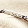 Close up of Personalised Men's Stainless Steel Silver and Red Ball Chain Bracelet Clasp 'Dad est 2024'