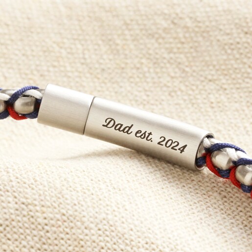 Close up of Personalised Men's Stainless Steel Silver and Red Ball Chain Bracelet Clasp 'Dad est 2024'