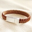 Personalised Men's Stainless Steel Thick Braided Leather Bracelet in Brown on a beige background