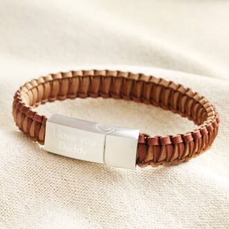 Personalised Men's Thick Braided Leather Bracelet in Brown