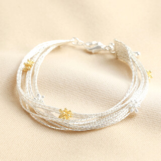 Mixed Metal Floral Charm Layered Bracelet in Silver 
