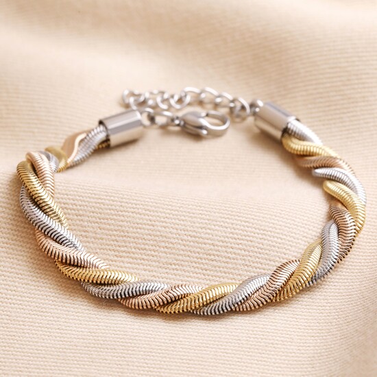 Mixed Metal Stainless Steel Chunky Triple Snake Chain Bracelet