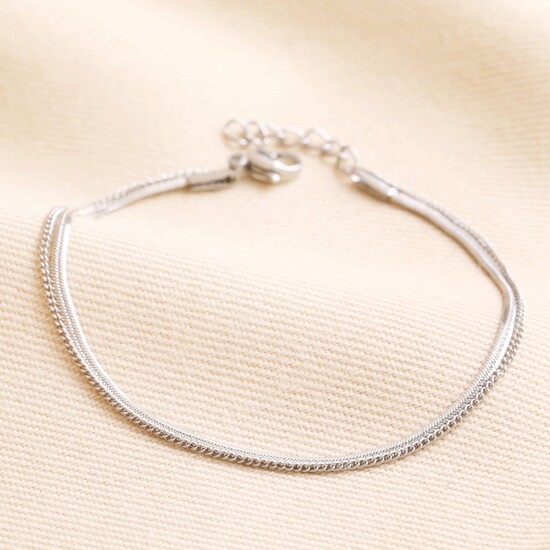 Stainless Steel Layered Snake and Curb Chain Bracelet