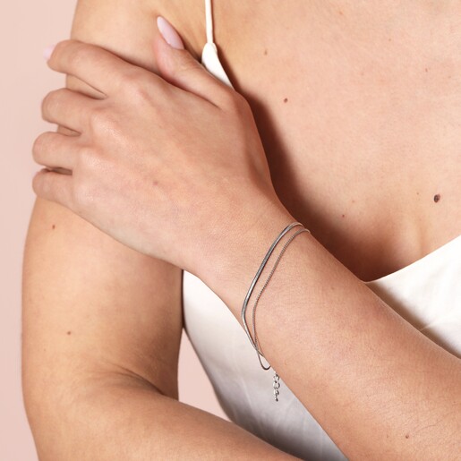 Stainless Steel Layered Snake and Curb Chain Bracelet on model with hand on arm