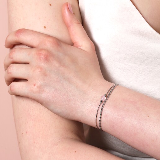 Stainless Steel Pink Stone Double Layered Chain Bracelet on model with hand on arm