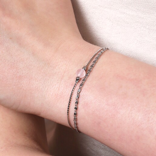 Stainless Steel Pink Stone Double Layered Chain Bracelet on Model