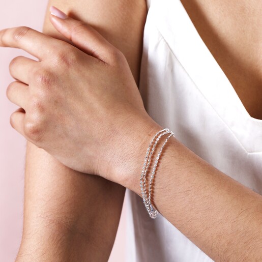 Bracelet on Model Triple Layered Dotted Chain Bracelet in Silver on model with hand on arm