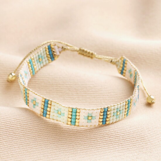 Blue Beaded Woven Cord Bracelet in Gold 