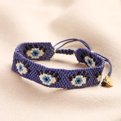 Navy Evil Eye Beaded Woven Cord Bracelet