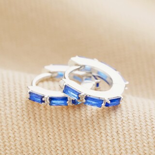 Blue Baguette Crystal Huggie Hoop Earrings in Silver