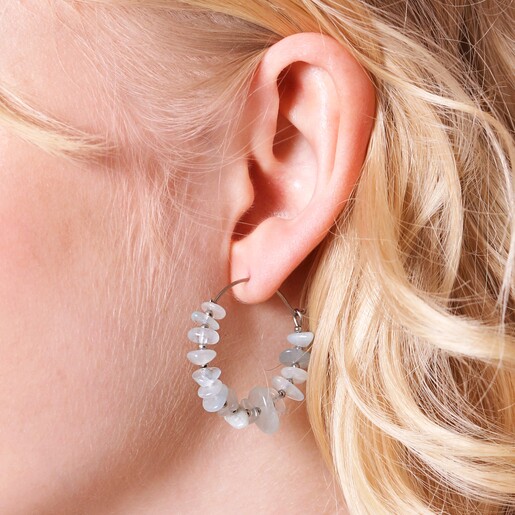 Earrings on Model Close up of Stainless Steel Blue Crystal Chip Hoop Earrings on blonde model