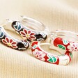 Black Cloisonné Hoop Earrings in Silver with Red version on Beige Fabric 