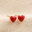 Gold Sterling Silver Red Enamel Heart Stud Earrings on Beige Fabric