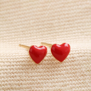 Gold Sterling Silver Red Enamel Heart Stud Earrings