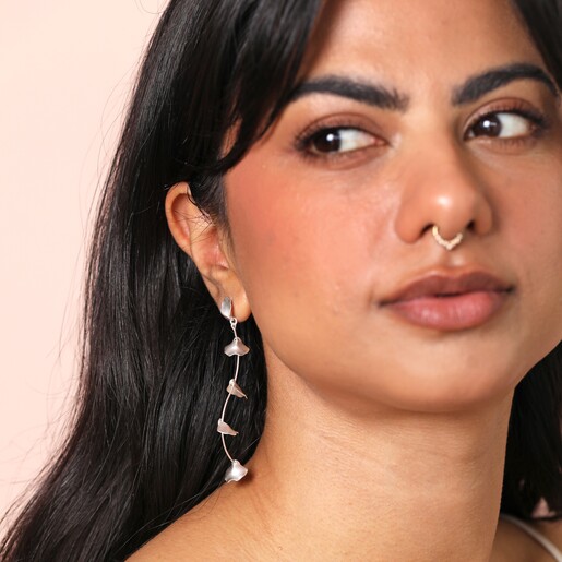 Flower Petal Drop Earrings in Silver on Model