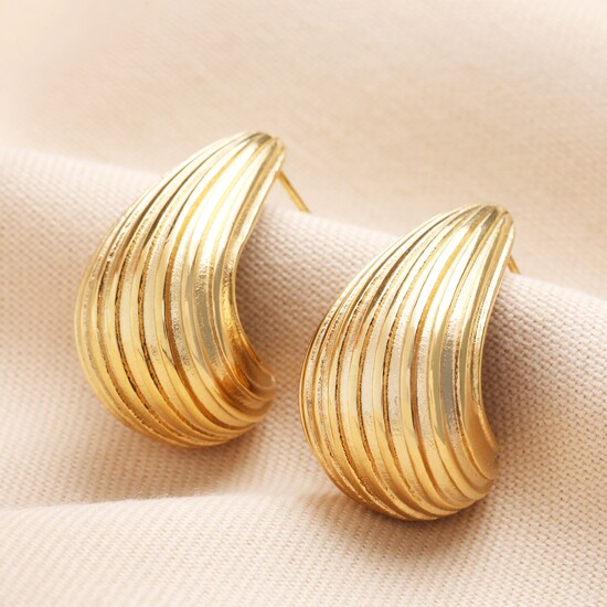 Stainless Steel Ridged Teardrop Half Hoop Earrings in Gold