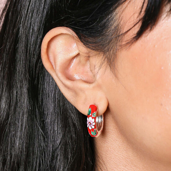 Red Cloisonné Hoop Earrings in Silver 