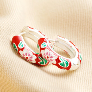 Red Cloisonné Hoop Earrings in Silver 