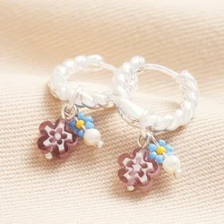 Millefiori Flower Bead Twisted Drop Huggie Hoop Earrings in Silver