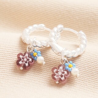 Millefiori Flower Bead Twisted Drop Huggie Hoop Earrings in Silver