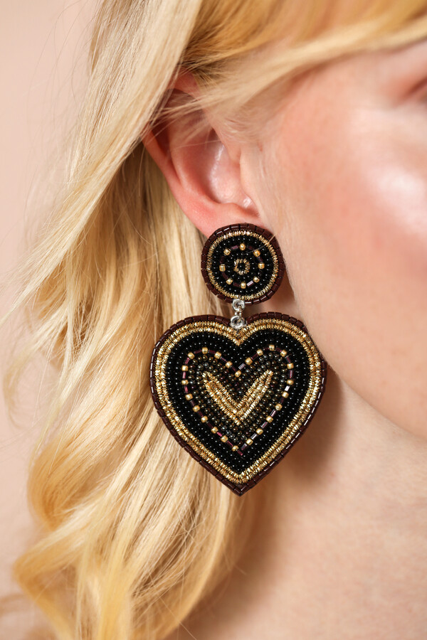 Black Beaded Heart Drop Earrings