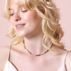 Brown and White Heishi Beaded Necklace on blonde model against beige coloured background
